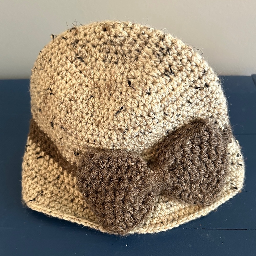 Handcrafted Beige Crochet Bucket Hat with Brown Bow